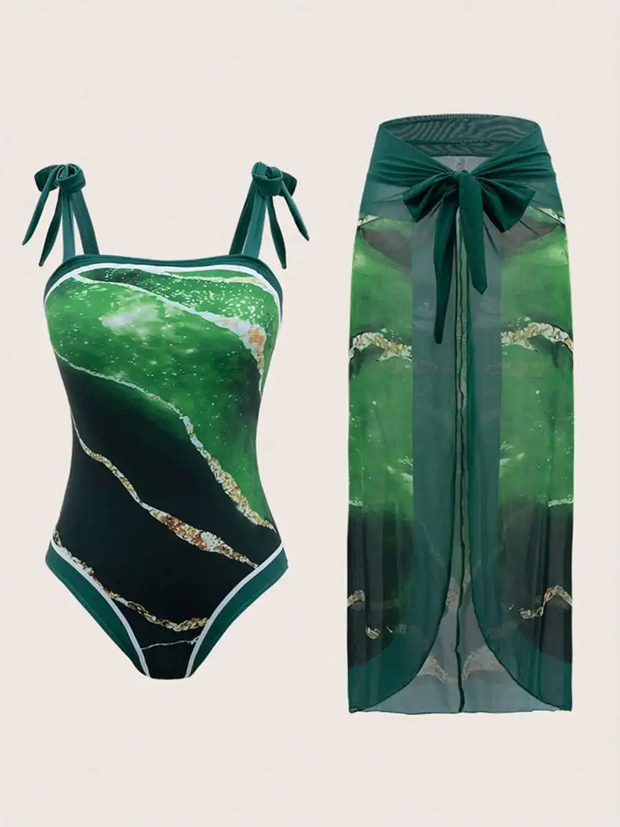 Green Marble Print Asymmetrical One-Piece Swimsuit With Bow Tie Straps And Sheer Cover Up
Green Marble Print Asymmetrical One-Piece Swimsuit With Bow Tie Straps And Sheer Cover Up