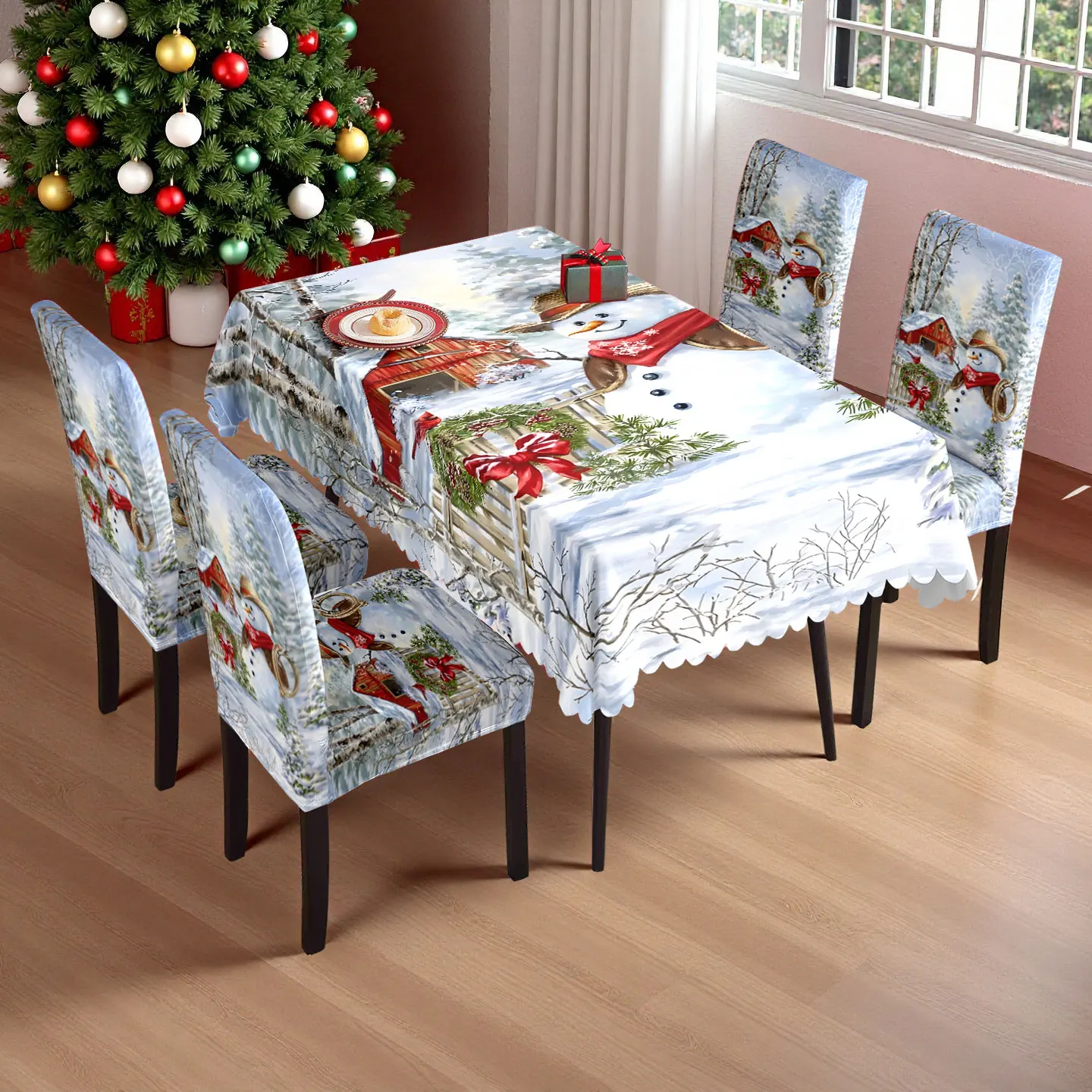 5/7pcs Cozy Winter Scene Snowman Tablecloth Chair Slipcover Set, Blue White Christmas Dining Decor
5/7pcs Cozy Winter Scene Snowman Tablecloth Chair Slipcover Set, Blue White Christmas Dining Decor