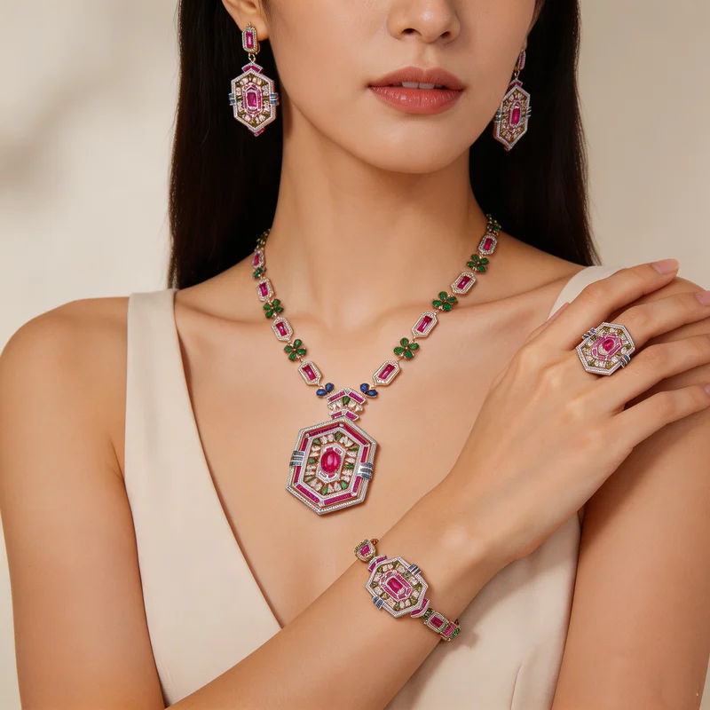 Vintage Style Ring Earrings Bracelet Necklace Inlay Cubic Zircon Synthetic Ruby Rhombus Pendant Bridal Party Fine Jewelry Sets
Vintage Style Ring Earrings Bracelet Necklace Inlay Cubic Zircon Synthetic Ruby Rhombus Pendant Bridal Party Fine Jewelry Sets