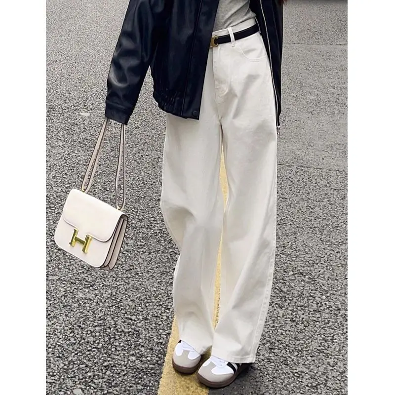 Tall white high-waisted narrow version of jeans for women loose slim straight pants
Tall white high-waisted narrow version of jeans for women loose slim straight pants