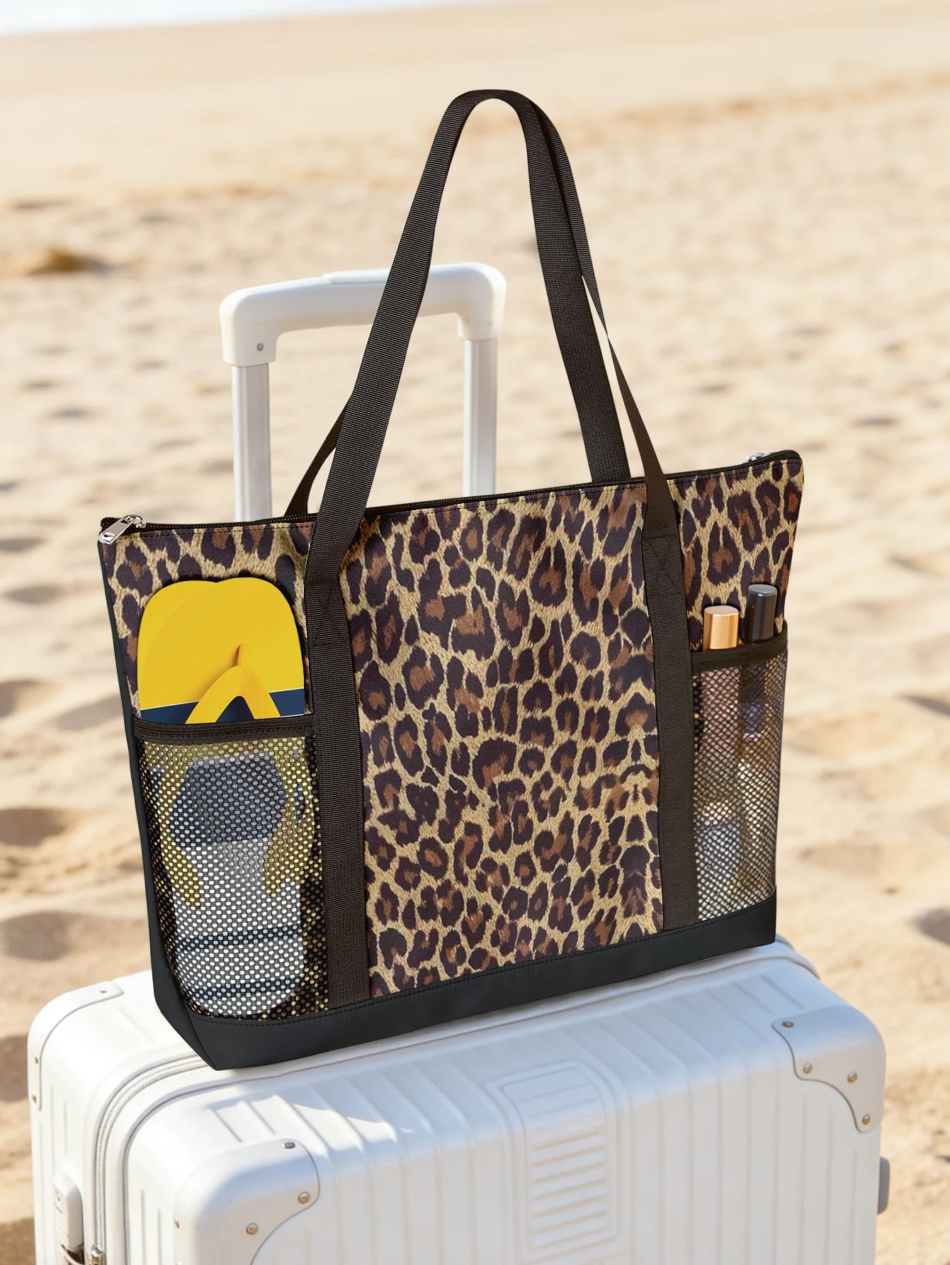 Classic Leopard Print Beach Tote Bag Mesh Side Pocket Zipper Waterproof Travel Shoulder Bag
Classic Leopard Print Beach Tote Bag Mesh Side Pocket Zipper Waterproof Travel Shoulder Bag