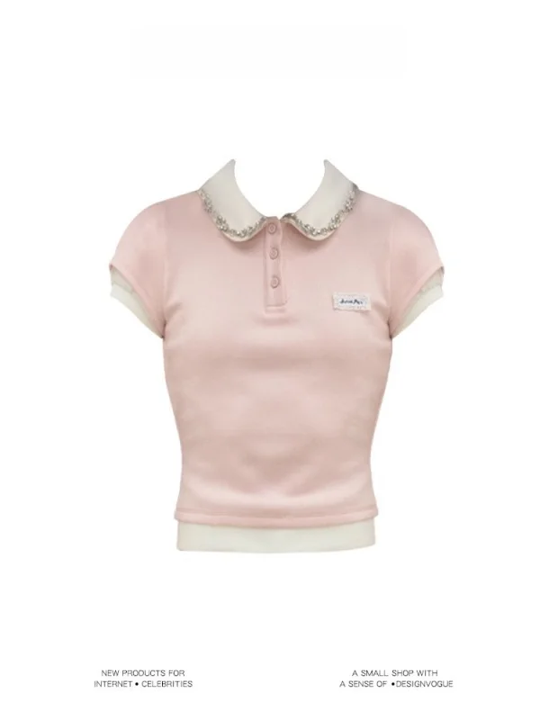 Pink Splice Fake Two-Piece Diamond Collar Short Sleeve Elastic T-Shirt Top Korean Style Slim Fit Daily Wear Summer
Pink Splice Fake Two-Piece Diamond Collar Short Sleeve Elastic T-Shirt Top Korean Style Slim Fit Daily Wear Summer