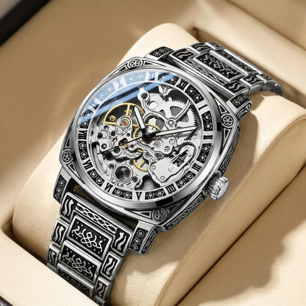 1pcs Men's silver dial alloy strap vintage fashion skeleton gear luxury details Mechanical Watch for daily business party holida
1pcs Men's silver dial alloy strap vintage fashion skeleton gear luxury details Mechanical Watch for daily business party holida
