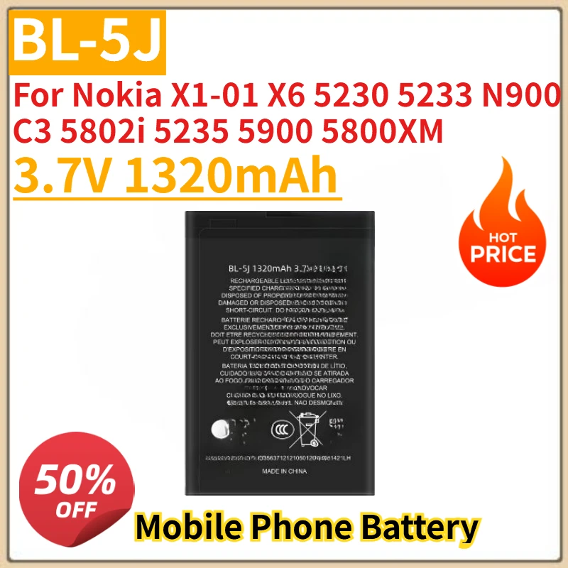 New High Quality BL 5J Mobile Phone Battery 3.7V 1320mAh for Nokia X1-01 X6 5230 5233 N900 C3 5802i 5235 5900 5800XM
New High Quality BL 5J Mobile Phone Battery 3.7V 1320mAh for Nokia X1-01 X6 5230 5233 N900 C3 5802i 5235 5900 5800XM