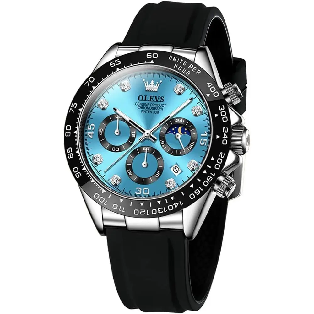 Men's Quartz Water-Resistant Multifunction Chronograph Watch with Diamond Moon Phase and Luminous Silicone Strap
Men's Quartz Water-Resistant Multifunction Chronograph Watch with Diamond Moon Phase and Luminous Silicone Strap