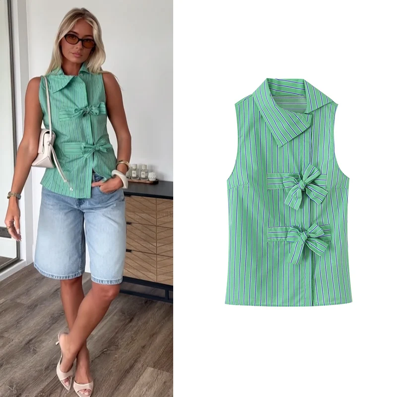 Women's Shirt 2026 New Spring Summer Green Bowknot Sleeveless Striped Shirt for Women Casual Chic Personality Female Shirt
Women's Shirt 2026 New Spring Summer Green Bowknot Sleeveless Striped Shirt for Women Casual Chic Personality Female Shirt