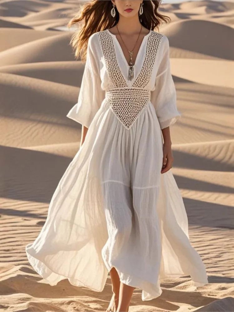 Female Fashion Solid Color Splicing Dress Spring Autumn Woman's V-neck Long Sleeves Robe Lady Elegant Beach Party Loose Vestidos
Female Fashion Solid Color Splicing Dress Spring Autumn Woman's V-neck Long Sleeves Robe Lady Elegant Beach Party Loose Vestidos