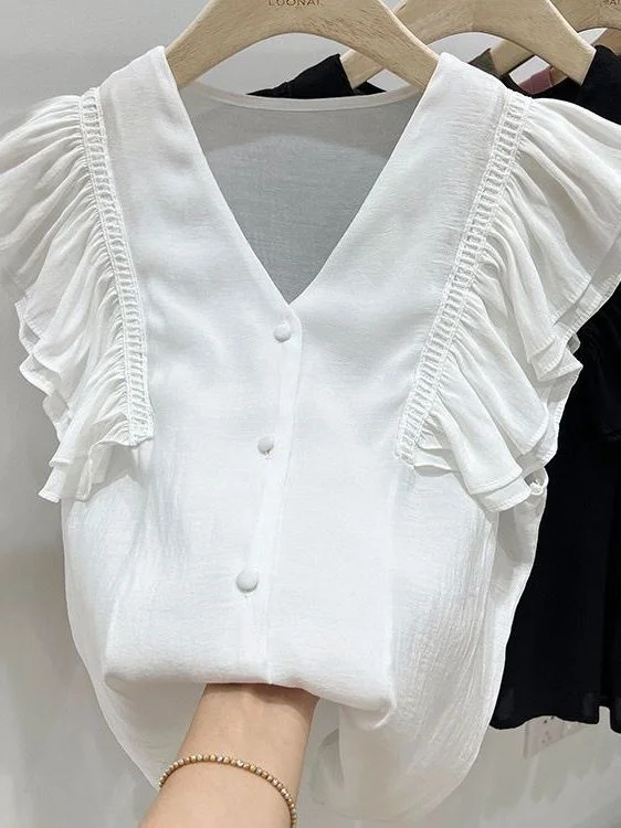 Women's Lace Trim irt Chiffon Fabric V-Ne Svel Top Korean Sle Loose Fit Summer Faion Small Size Friendly
Women's Lace Trim irt Chiffon Fabric V-Ne Svel Top Korean Sle Loose Fit Summer Faion Small Size Friendly