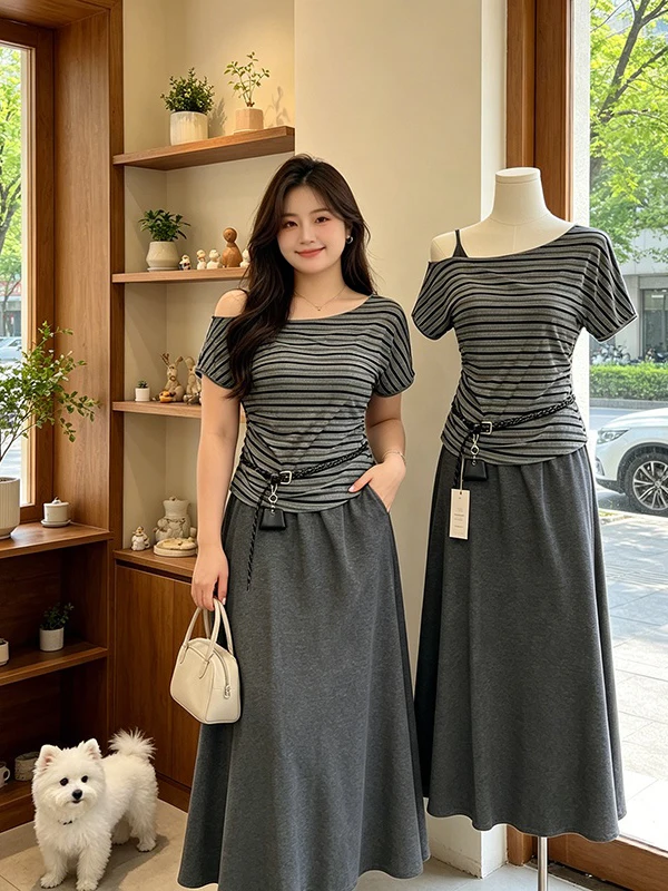 Summer New plus Size Striped Shoulder Bared Short Sleeve T Shirt And Half Skirt Two Piece Set Women's Fashion Korean Style Co...
Summer New plus Size Striped Shoulder Bared Short Sleeve T Shirt And Half Skirt Two Piece Set Women's Fashion Korean Style Co...