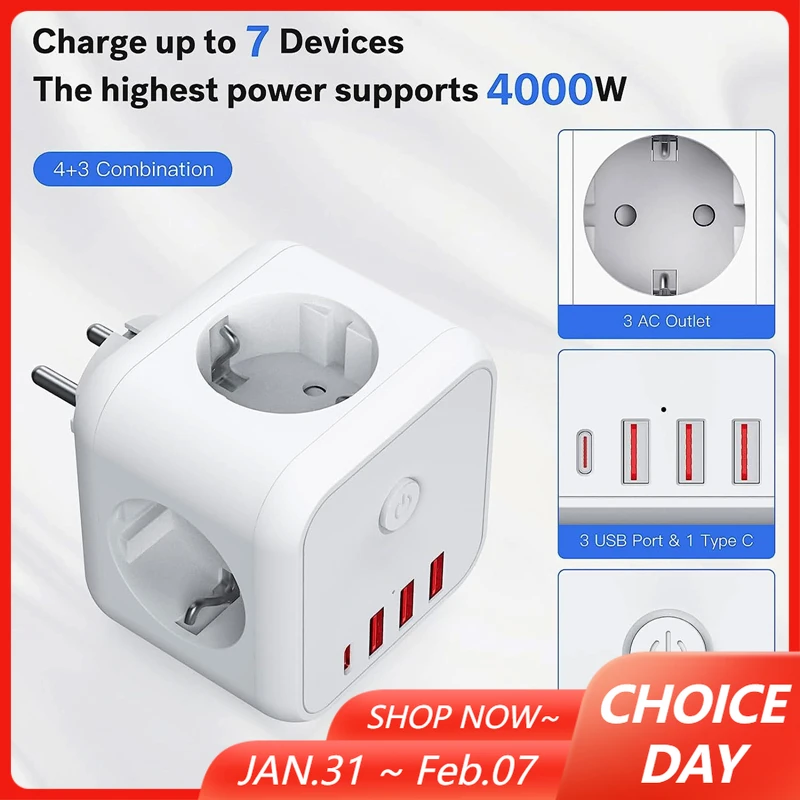Беспроводной удлинитель 7-в-1, удлинитель с плоской вилкой европейского стандарта, 3 USB-порта + 3 розетки переменного тока + 1 куб типа C, несколько розеток для домашнего офиса
Беспроводной удлинитель 7-в-1, удлинитель с плоской вилкой европейского стандарта, 3 USB-порта + 3 розетки переменного тока + 1 куб типа C, несколько розеток для домашнего офиса