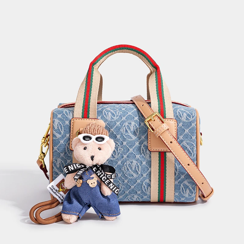 Women Vintage Denim Mini Boston Crossbody Bag With Removable Bear Charm Adjustable Strap Gold Hardware Casual Daily Handbag
Women Vintage Denim Mini Boston Crossbody Bag With Removable Bear Charm Adjustable Strap Gold Hardware Casual Daily Handbag