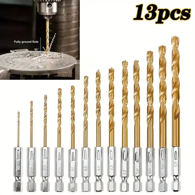 13pc Titanium Twist Drill Bit 1.5-6.5mm Hexagonal Handle Electric Drill Screwdriver Drilling Reaming Drill Tool High-Speed Steel
13pc Titanium Twist Drill Bit 1.5-6.5mm Hexagonal Handle Electric Drill Screwdriver Drilling Reaming Drill Tool High-Speed Steel