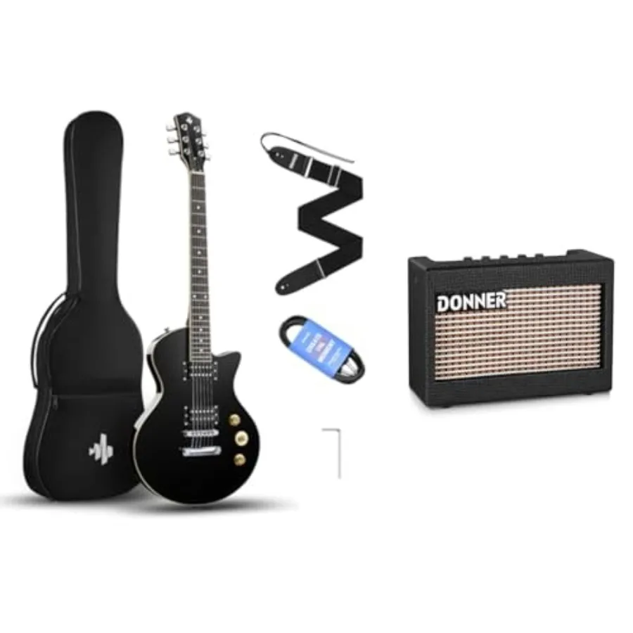 Beginner electric guitar kit for practice: 39 solid body black guitar with bag, strap, cable, and 5W wooden desktop amplifier
Beginner electric guitar kit for practice: 39 solid body black guitar with bag, strap, cable, and 5W wooden desktop amplifier
