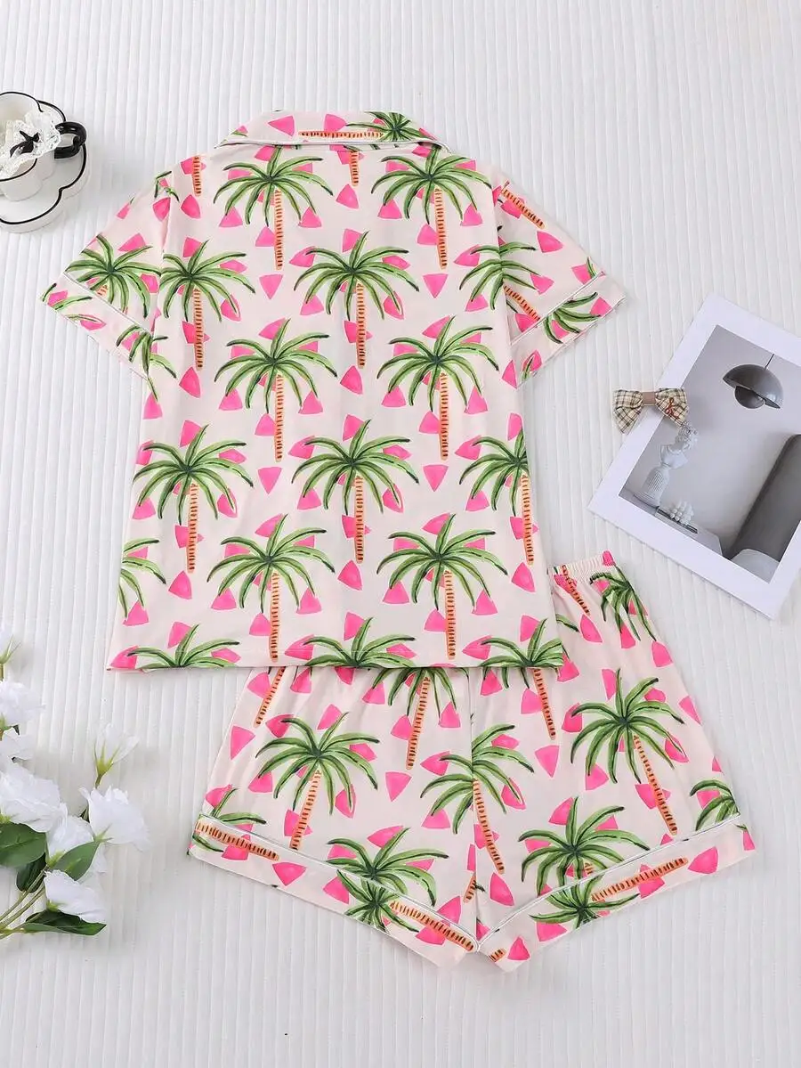 2-Piece Palm Tree Print Pajama Set For Women Short Sleeve Shirt With Collar Button Elastic Shorts Sleepwear
2-Piece Palm Tree Print Pajama Set For Women Short Sleeve Shirt With Collar Button Elastic Shorts Sleepwear