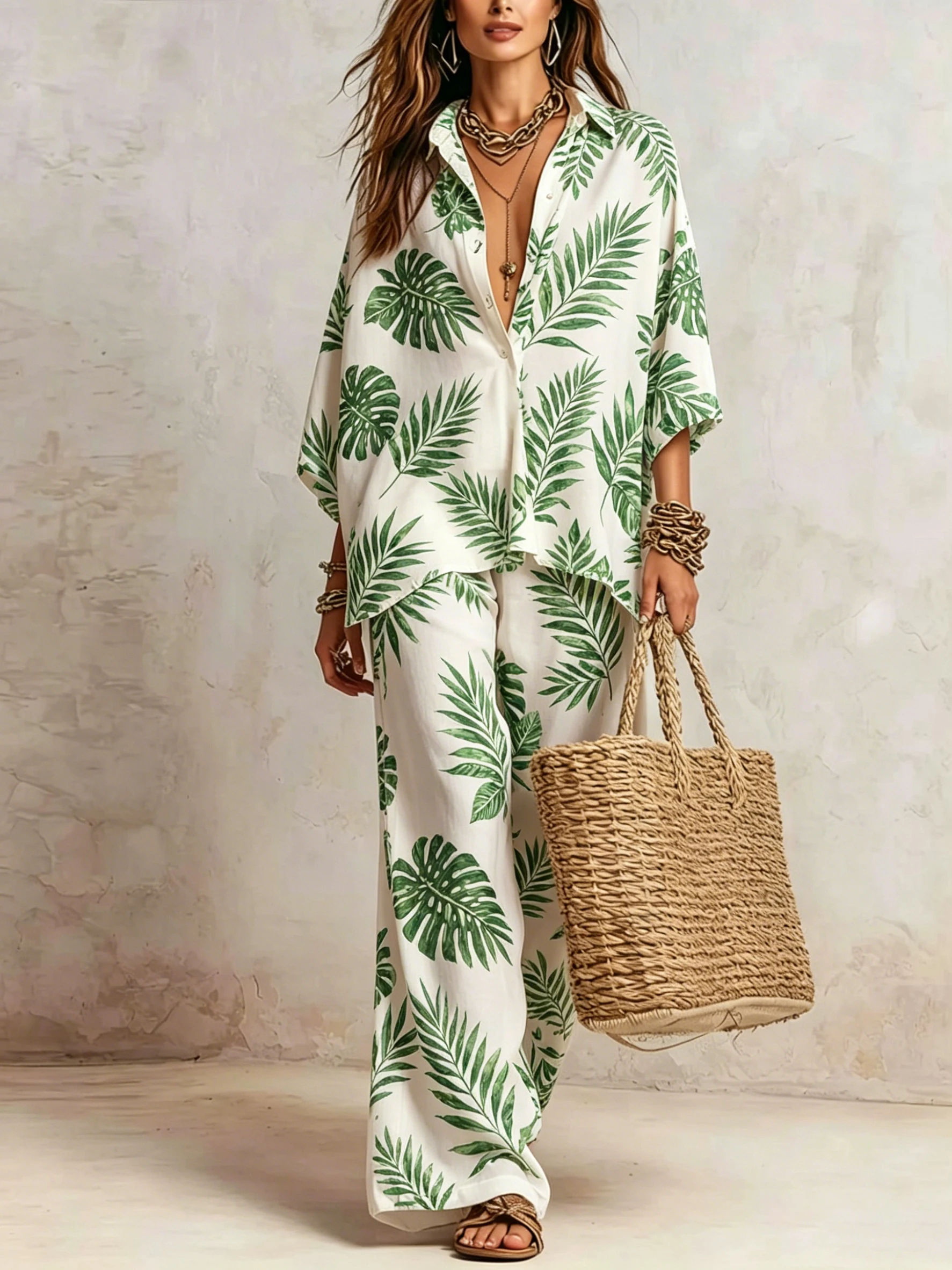 Boho Tropical Leaf Print 2 Piece Set Women Summer Lapel 3/4 Sleeve Shirt Top & Wide Leg Pants Streetwear Loose Trousers Suit
Boho Tropical Leaf Print 2 Piece Set Women Summer Lapel 3/4 Sleeve Shirt Top & Wide Leg Pants Streetwear Loose Trousers Suit