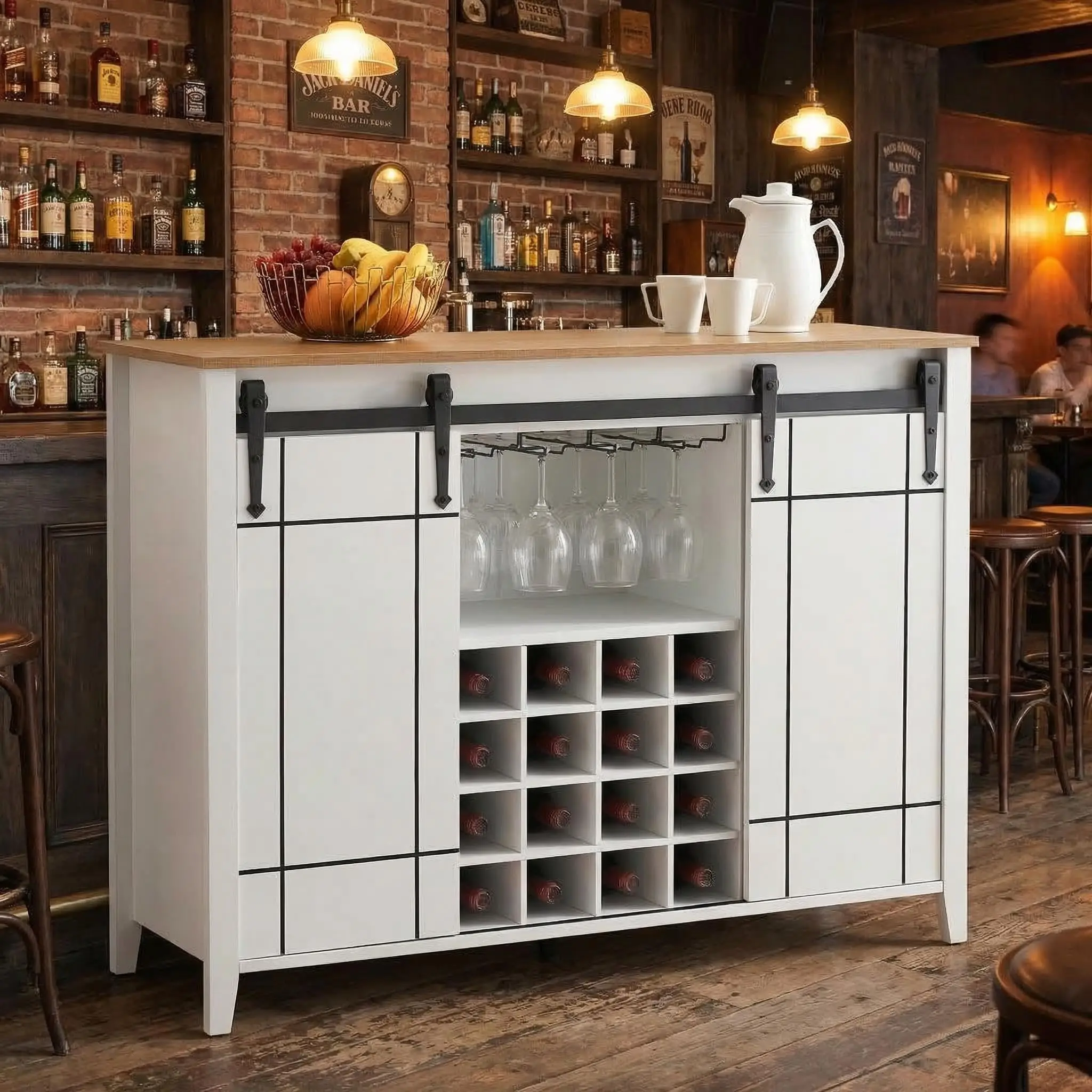 Farmhouse Bar Cabinet With Sliding Barn Doors, Wine Rack And Storage For Home Entertainment
Farmhouse Bar Cabinet With Sliding Barn Doors, Wine Rack And Storage For Home Entertainment