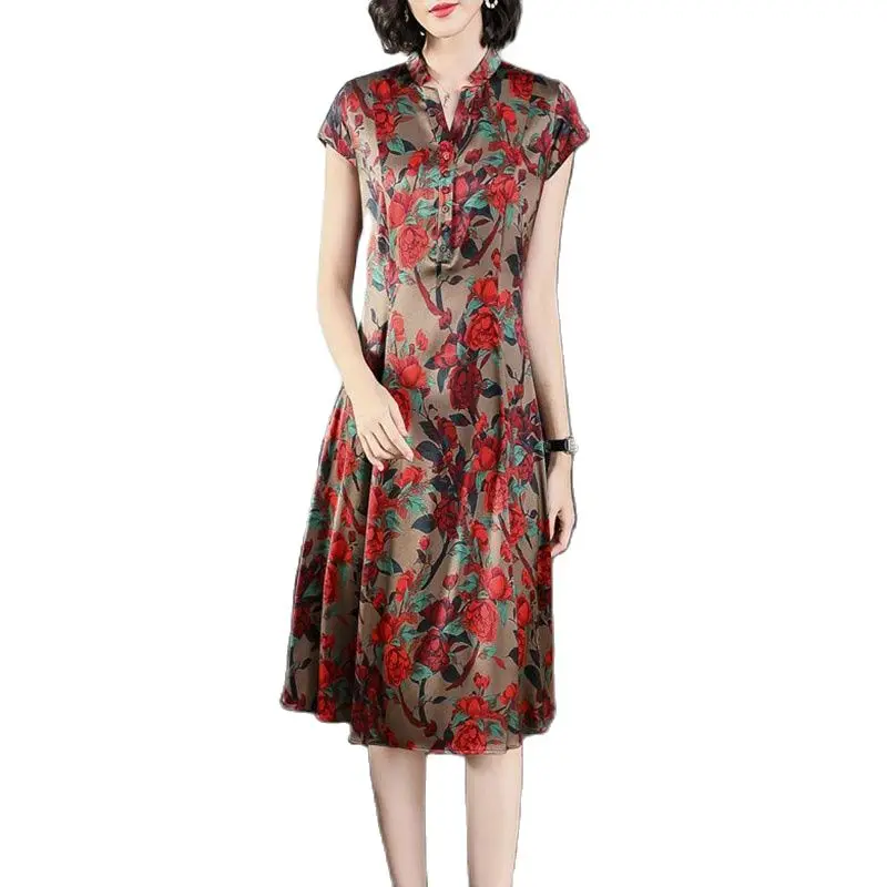 New Silk Printed Casual Dress Women's Summer Fashion Western-style Long Mother's Loose and Slim V-neck Temperament DressTide5XL
New Silk Printed Casual Dress Women's Summer Fashion Western-style Long Mother's Loose and Slim V-neck Temperament DressTide5XL