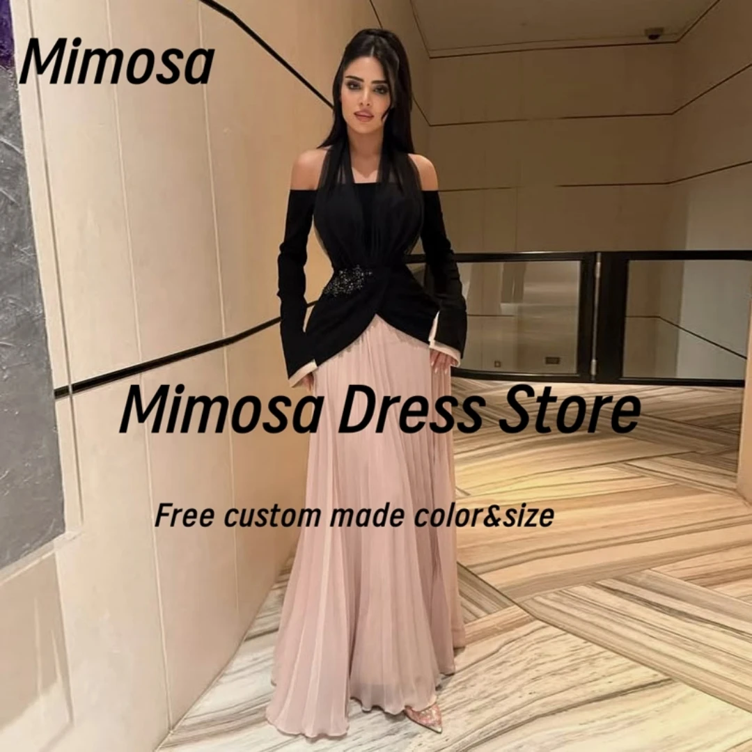 Mimosa Halter Long Sleeves Prom Dresses Beaded Sash Evening Dress Pleats Chiffon Saudi Arabia Party Gowns Customized
Mimosa Halter Long Sleeves Prom Dresses Beaded Sash Evening Dress Pleats Chiffon Saudi Arabia Party Gowns Customized