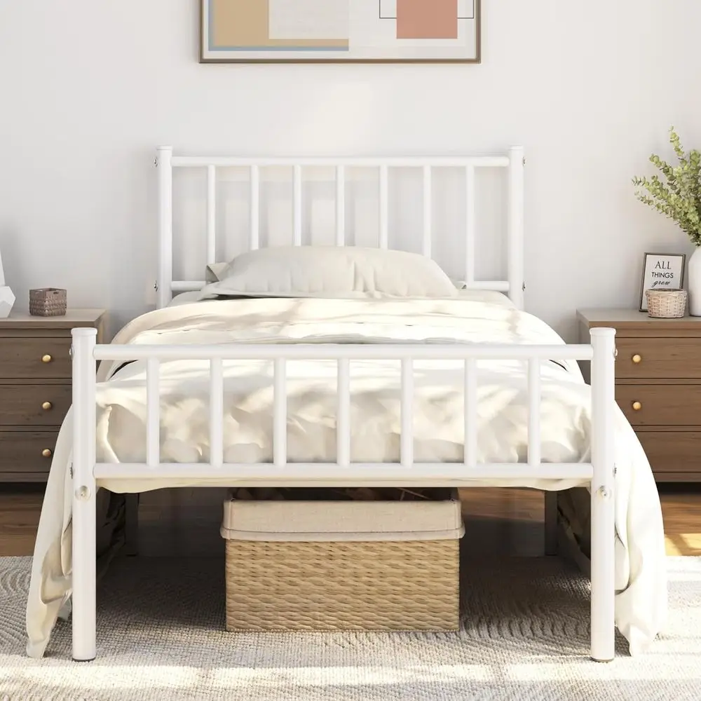 White Twin Size Metal Platform Bed with Spindle Board, No Box Spring Needed, 14 Underbed Storage, Firm Support, Easy Assembly
White Twin Size Metal Platform Bed with Spindle Board, No Box Spring Needed, 14 Underbed Storage, Firm Support, Easy Assembly