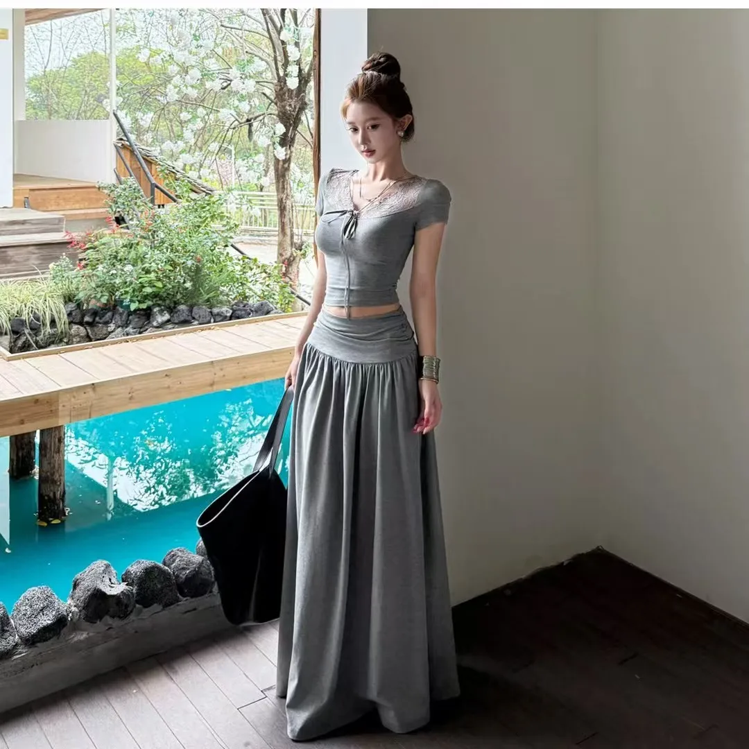 Gray Lace Patchwork Top Half Skirt Summer Fashion Two-Piece Set Beautiful Long Dress Work Commute Style Mid-Elasticity
Gray Lace Patchwork Top Half Skirt Summer Fashion Two-Piece Set Beautiful Long Dress Work Commute Style Mid-Elasticity