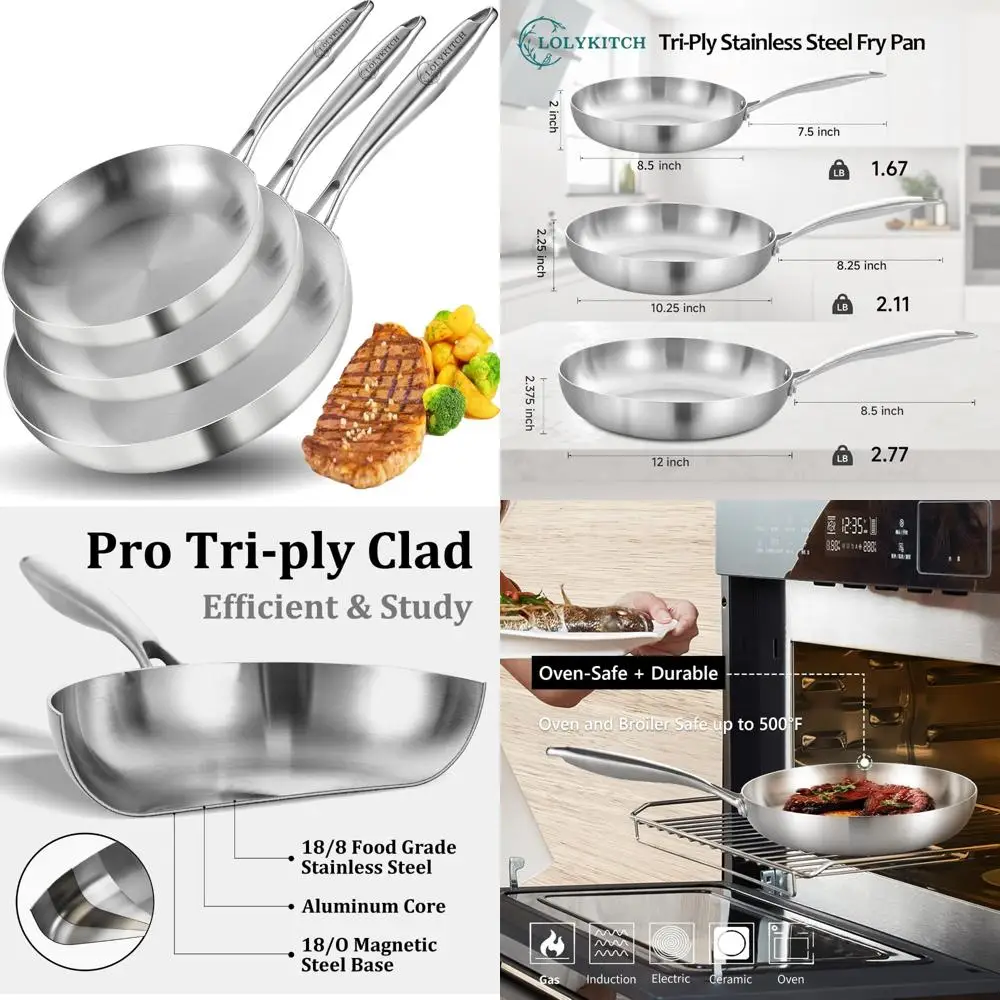 Набор сковородок из нержавеющей стали, трехслойные сковороды шеф-повара 8-10-12 дюймов, индукционная посуда, набор кастрюль и сковородок для прочного приготовления пищи
Набор сковородок из нержавеющей стали, трехслойные сковороды шеф-повара 8-10-12 дюймов, индукционная посуда, набор кастрюль и сковородок для прочного приготовления пищи