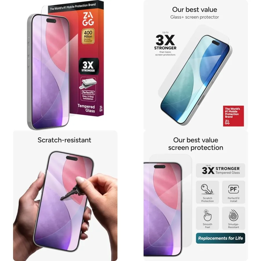 Glass+ Screen tector for - 3X Stronger, Impact Shatter Protection, Scratch Smudge-Resistant iPhone Tempered Glass, InvisibleShi
Glass+ Screen tector for - 3X Stronger, Impact Shatter Protection, Scratch Smudge-Resistant iPhone Tempered Glass, InvisibleShi