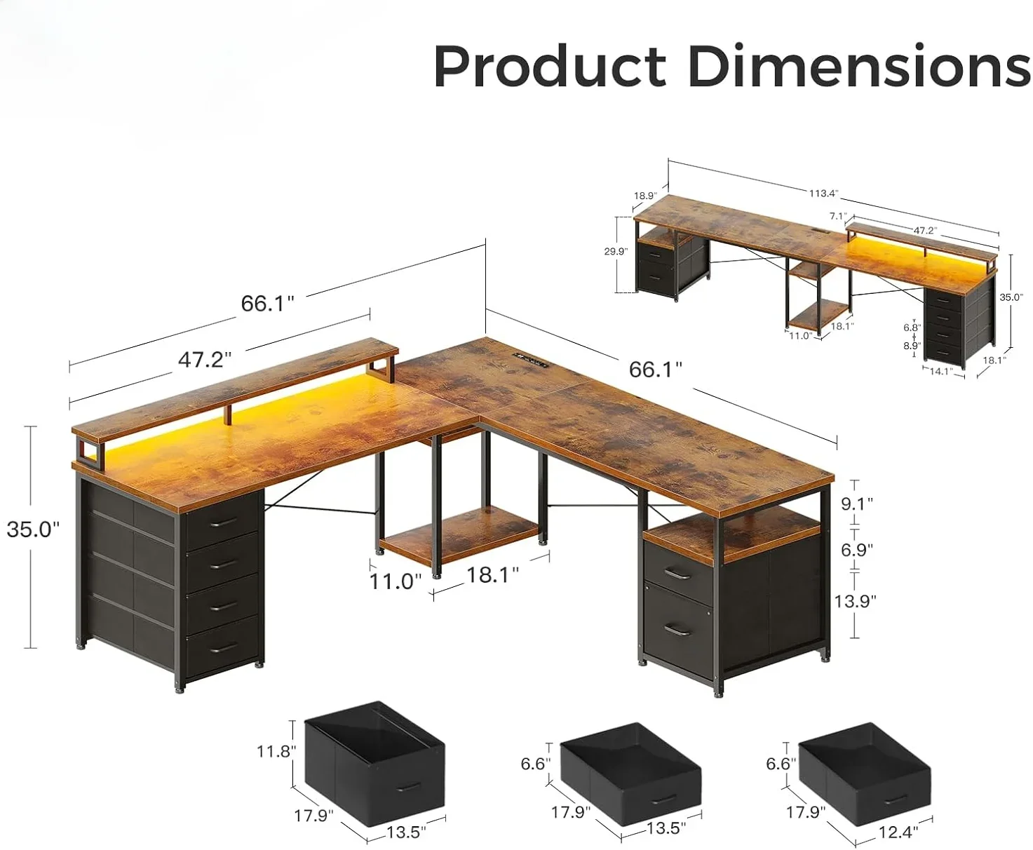 66" L Shaped Computer Desk, 113“ Reversible Home Office Desk with File Cabinet & 4 Fabric Drawers
66" L Shaped Computer Desk, 113“ Reversible Home Office Desk with File Cabinet & 4 Fabric Drawers