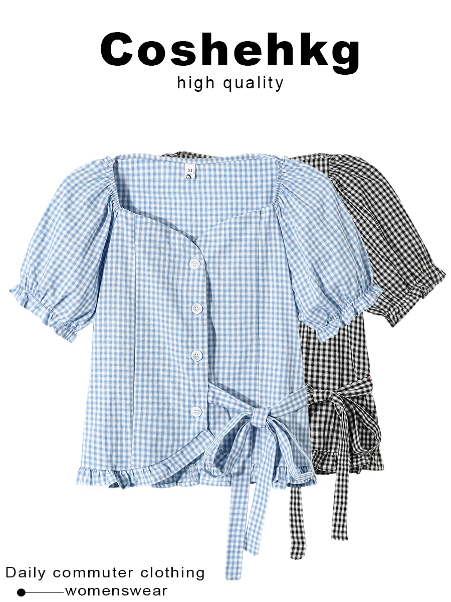 Sweet Plaid Bubble Sleeve Shirt Women's Summer Square Collar Waist Cinched Belted Gored Hem Top Coshehkg Chic Fit Short Sleeve
Sweet Plaid Bubble Sleeve Shirt Women's Summer Square Collar Waist Cinched Belted Gored Hem Top Coshehkg Chic Fit Short Sleeve