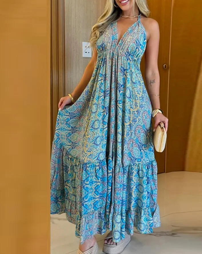 Women's Vintage Dresses Summer Female Tribal Print Halter Neck Deep V-Back A-Line Flared Dress with Ruffled Hem Women Long Dress
Women's Vintage Dresses Summer Female Tribal Print Halter Neck Deep V-Back A-Line Flared Dress with Ruffled Hem Women Long Dress
