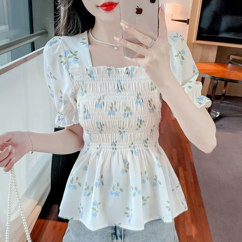 Women Summer Chiffon Shirt French Square Neck Floral Print Ruffle Waist Short Sleeve Blouse
Women Summer Chiffon Shirt French Square Neck Floral Print Ruffle Waist Short Sleeve Blouse