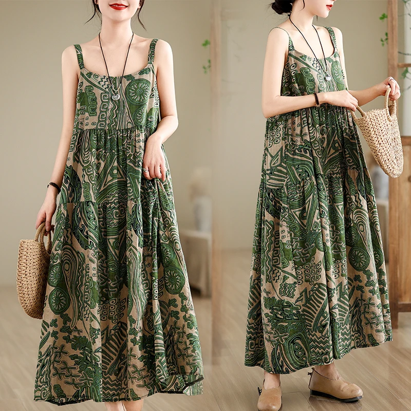 New 2024 Loose plus Size Cotton Lin Long Dress Women's Print Strap Dress Summer Fashionable Ethnic Style Stage Costume
New 2024 Loose plus Size Cotton Lin Long Dress Women's Print Strap Dress Summer Fashionable Ethnic Style Stage Costume