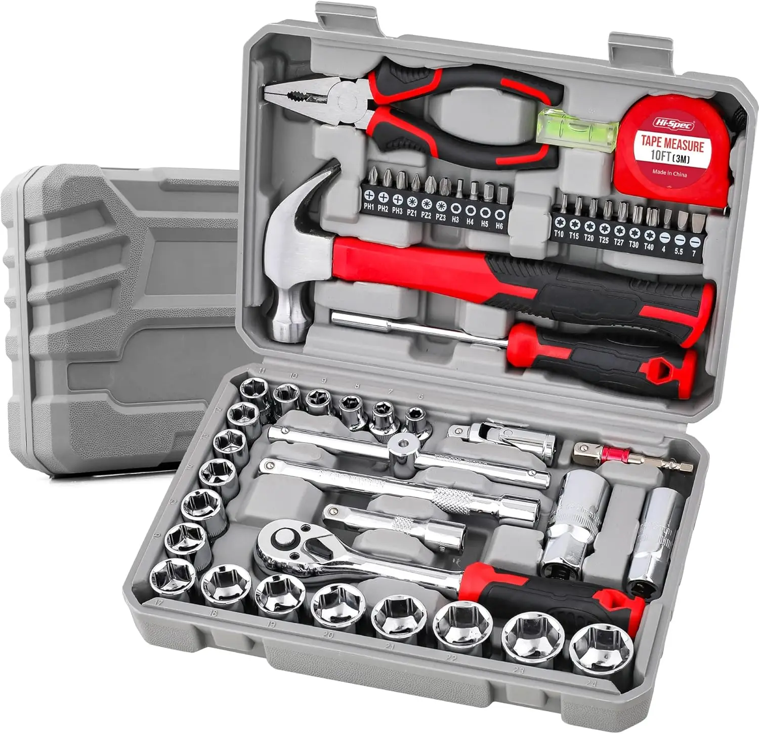 52pc Home Garage Mechanics DIY Tool Kit Set. Metric Sockets Ratchet Wrench Screwdriver Bit Set Pliers and Spark Plug Accessories
52pc Home Garage Mechanics DIY Tool Kit Set. Metric Sockets Ratchet Wrench Screwdriver Bit Set Pliers and Spark Plug Accessories
