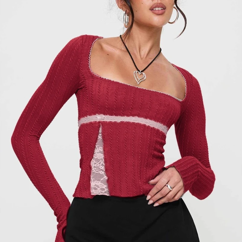 Women Long Sleeve U Square Neck Red Spliced Lace Slim Sweet Short Knit Thin Sweater Shirt Blouse Top Y2K Spring Elegant Woman
Women Long Sleeve U Square Neck Red Spliced Lace Slim Sweet Short Knit Thin Sweater Shirt Blouse Top Y2K Spring Elegant Woman