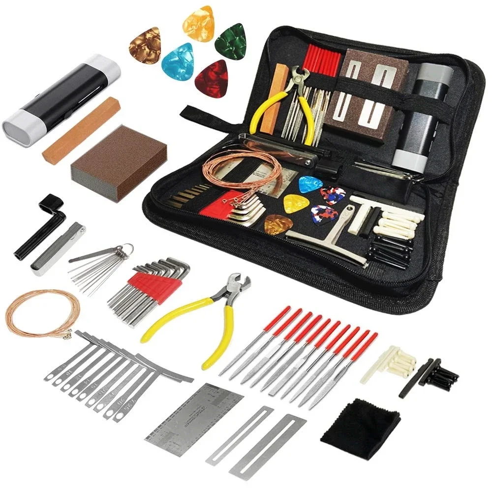 72PCS Guitar Tool Kit for Set Up Guitar Repairing Maintenance Tool Kit with Guitar Strings/Bridge/Pins/Radius Gauge/ Files Parts
72PCS Guitar Tool Kit for Set Up Guitar Repairing Maintenance Tool Kit with Guitar Strings/Bridge/Pins/Radius Gauge/ Files Parts