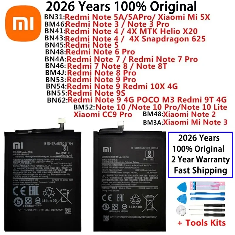 100% Original Battery For Xiaomi Redmi Hongmi Mi Note 2 3 4 4X 5A 5X 6 7 8 8T 9 9S 9T 10 10X CC9 Pro Lite 4G 5G Phone batteries
100% Original Battery For Xiaomi Redmi Hongmi Mi Note 2 3 4 4X 5A 5X 6 7 8 8T 9 9S 9T 10 10X CC9 Pro Lite 4G 5G Phone batteries
