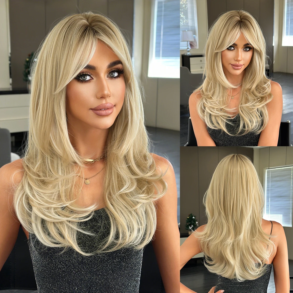 NAMM New Fashion Long Wavy Honey Blonde Wig Tail roll Natural Looking High Quality Dark Roots Fiber Synthetic Fluffy Curly Wigs
NAMM New Fashion Long Wavy Honey Blonde Wig Tail roll Natural Looking High Quality Dark Roots Fiber Synthetic Fluffy Curly Wigs