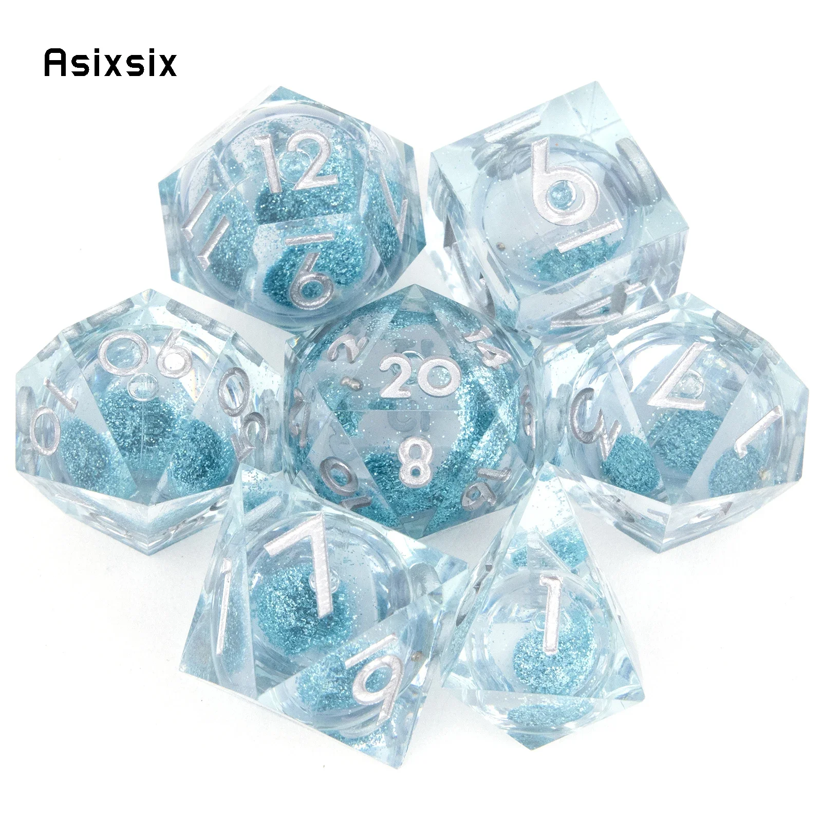 7 Pcs Transparent Blue Resin Flowing Sand White Number Sharp Edge Dice Polyhedral Dice Suitable for RPG Board Game
7 Pcs Transparent Blue Resin Flowing Sand White Number Sharp Edge Dice Polyhedral Dice Suitable for RPG Board Game