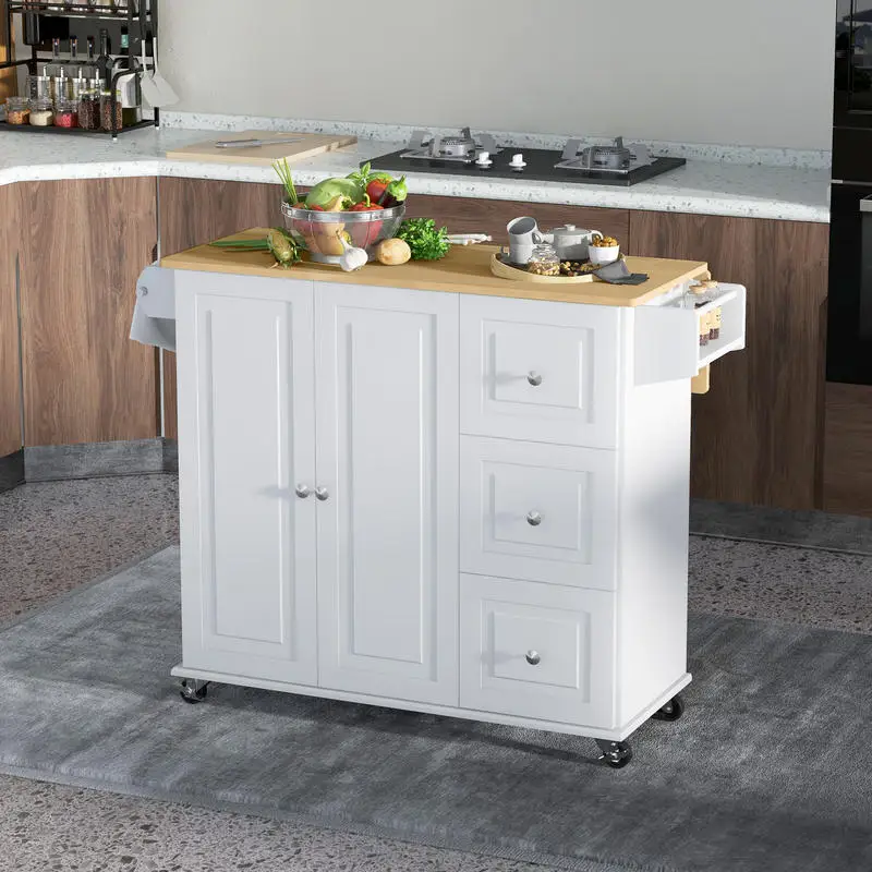 HOMCOM Kitchen Island with Drop Leaf, Rolling Kitchen Cart on Wheels with 3 Drawers, Cabinet, Natural Wood Top, Spice Rack and Towel Rack, White
HOMCOM Kitchen Island with Drop Leaf, Rolling Kitchen Cart on Wheels with 3 Drawers, Cabinet, Natural Wood Top, Spice Rack and Towel Rack, White