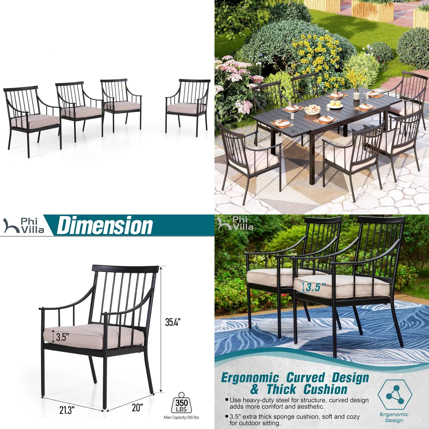 Black Metal Dining Chairs with Cushion, 300lbs Heavy Duty Weatherproof Patio Deck Yard Set of 4, Customized
Black Metal Dining Chairs with Cushion, 300lbs Heavy Duty Weatherproof Patio Deck Yard Set of 4, Customized