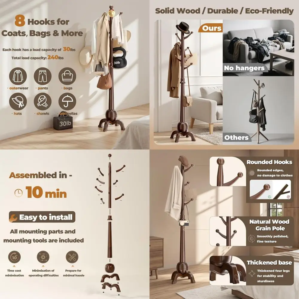 Sturdy Wooden Coat Rack with 8 Hooks, Heavy-Duty Freestanding Hall Tree for Entryway, Bedroom, or Office, Holds Up to 240lbs, 71
Sturdy Wooden Coat Rack with 8 Hooks, Heavy-Duty Freestanding Hall Tree for Entryway, Bedroom, or Office, Holds Up to 240lbs, 71