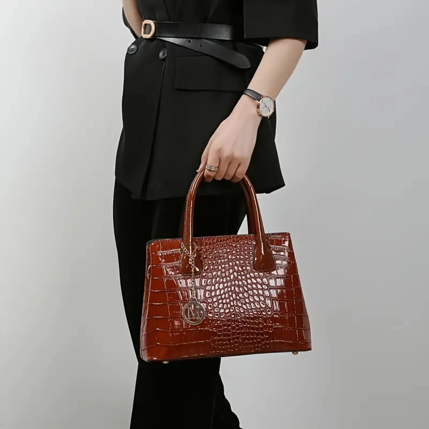 Crocodile Pattern Shoulder Bag, Elegant Double Handle Purse, Women's Fashion Zipper Handbag With Removable Strap
Crocodile Pattern Shoulder Bag, Elegant Double Handle Purse, Women's Fashion Zipper Handbag With Removable Strap