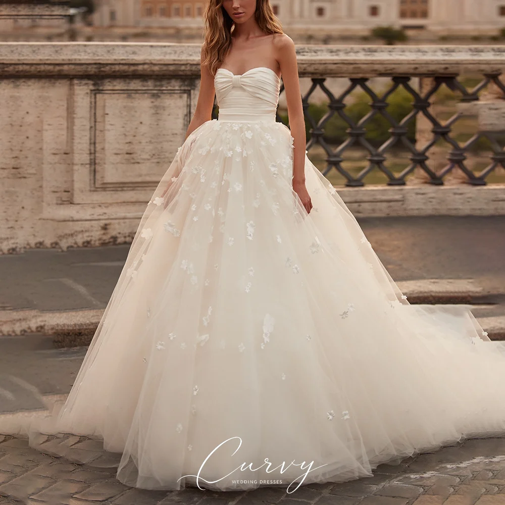 Curvy Romantic Dreamy Vestido De Novia Strapless Bow Tulle A-Line Wedding Dress 3D Floral Applique Customized for Garden Wedding
Curvy Romantic Dreamy Vestido De Novia Strapless Bow Tulle A-Line Wedding Dress 3D Floral Applique Customized for Garden Wedding