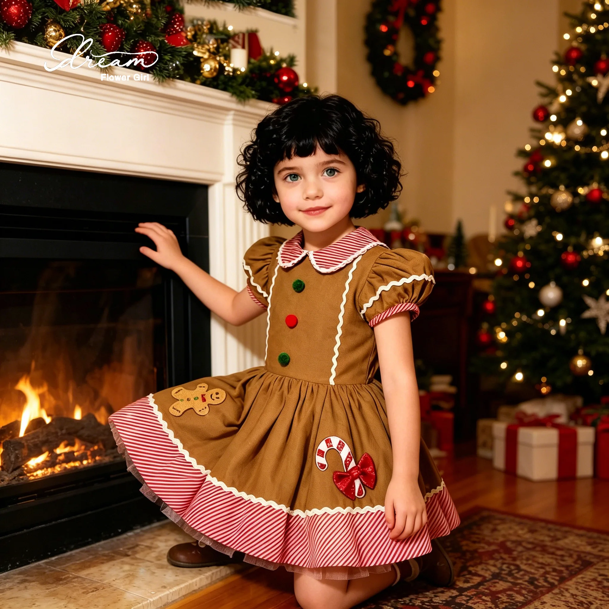 Christmas-themed party dress with knee-length length, featuring a cute lace collar, fluffy sleeves and an applique pattern
Christmas-themed party dress with knee-length length, featuring a cute lace collar, fluffy sleeves and an applique pattern