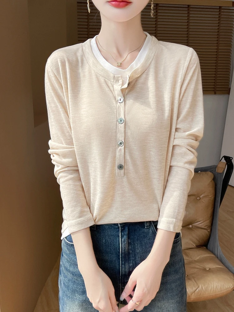 2025 New Spring Summer Fine Spun Thin Long Sleeve T-Shirt Knitted Fake Two Pieces Tops Half Open Collar Women' s Clothes Fashion
2025 New Spring Summer Fine Spun Thin Long Sleeve T-Shirt Knitted Fake Two Pieces Tops Half Open Collar Women' s Clothes Fashion