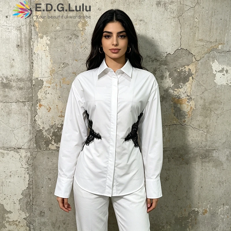 EDGLuLu 2026 Summer New Turn-Down Collar Single Breasted Blouse Long Sleeves Lace Splicing Waist Slimm White Shirt 0515
EDGLuLu 2026 Summer New Turn-Down Collar Single Breasted Blouse Long Sleeves Lace Splicing Waist Slimm White Shirt 0515