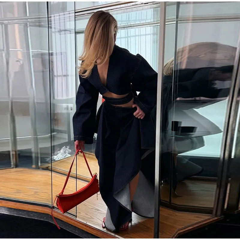 Fashion Denim Two-Piece Outfit Women's V-neck Lace Up Button Cropped Jacket Slit Wide Leg Pants 2026 New Lady Casual Streetwear 27 S04fcf0803bb24eb791f04b11c7c62dc1M