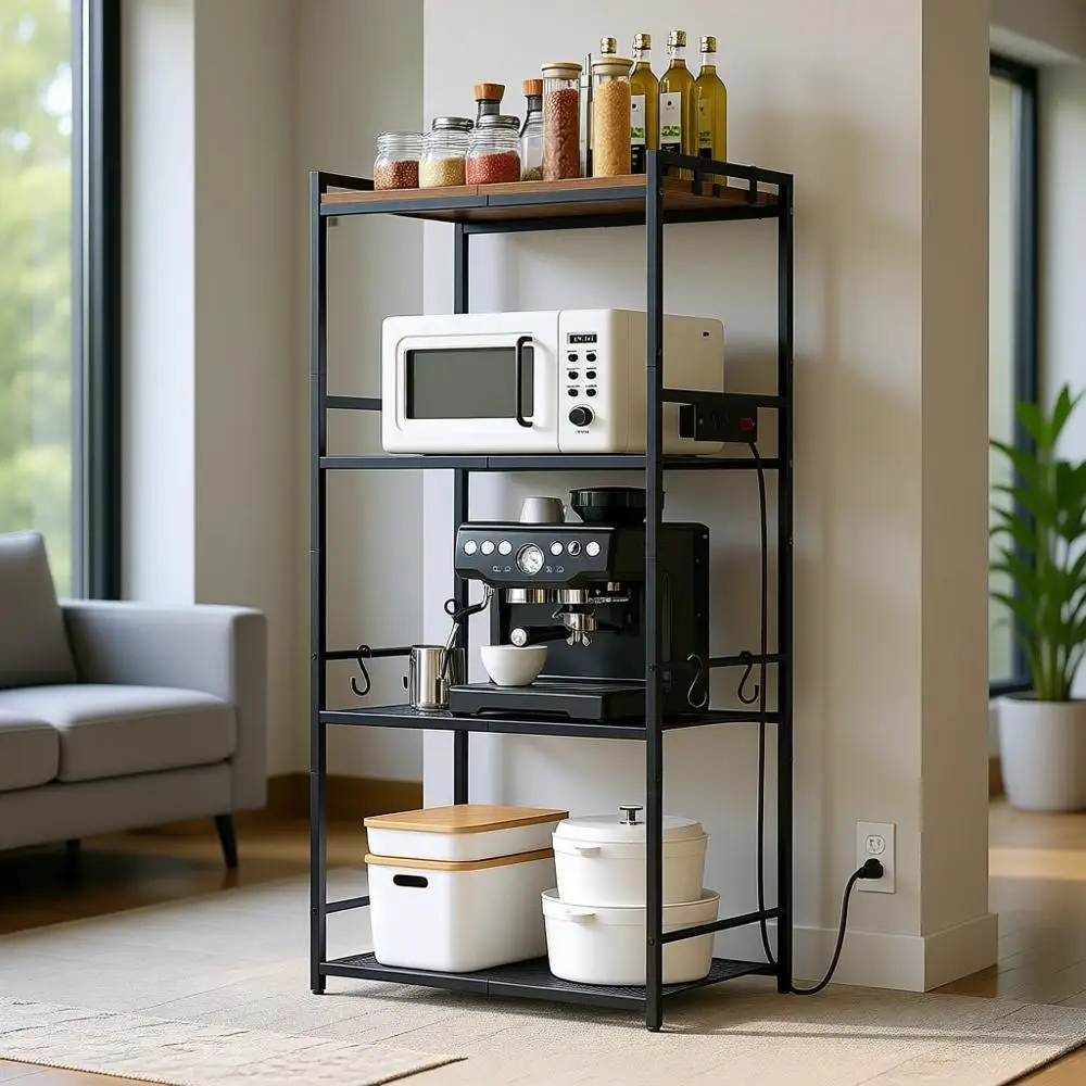 Rustic Brown Wooden Kitchen Storage Rack with Power Outlet and Hooks
Rustic Brown Wooden Kitchen Storage Rack with Power Outlet and Hooks