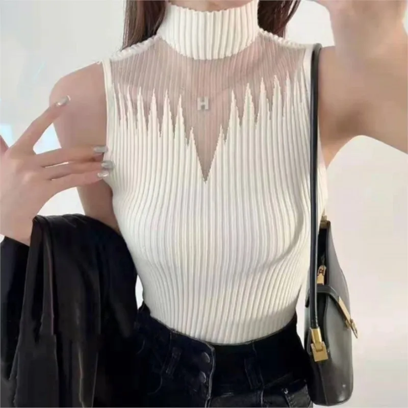 Fashion Hanging Neck Semi-high Neck Mesh Knitted Small Vest Female Undershirt Sweater Sleeveless T-shirt Short Tanks Female Tops
Fashion Hanging Neck Semi-high Neck Mesh Knitted Small Vest Female Undershirt Sweater Sleeveless T-shirt Short Tanks Female Tops