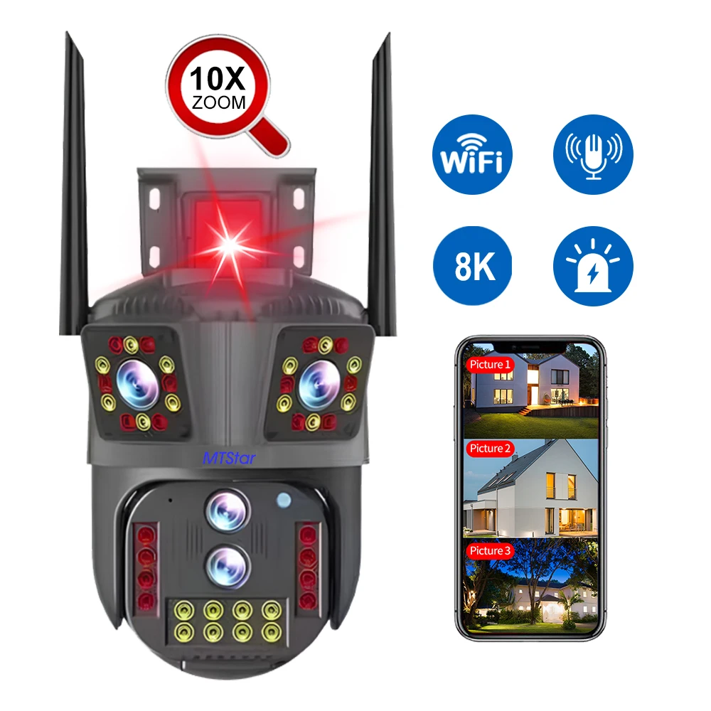 8K Outdoor 10X Optical Zoom Surveillance CCTV WiFi Security Camera Audio PTZ Four Lenses Three Screens Network Camera
8K Outdoor 10X Optical Zoom Surveillance CCTV WiFi Security Camera Audio PTZ Four Lenses Three Screens Network Camera