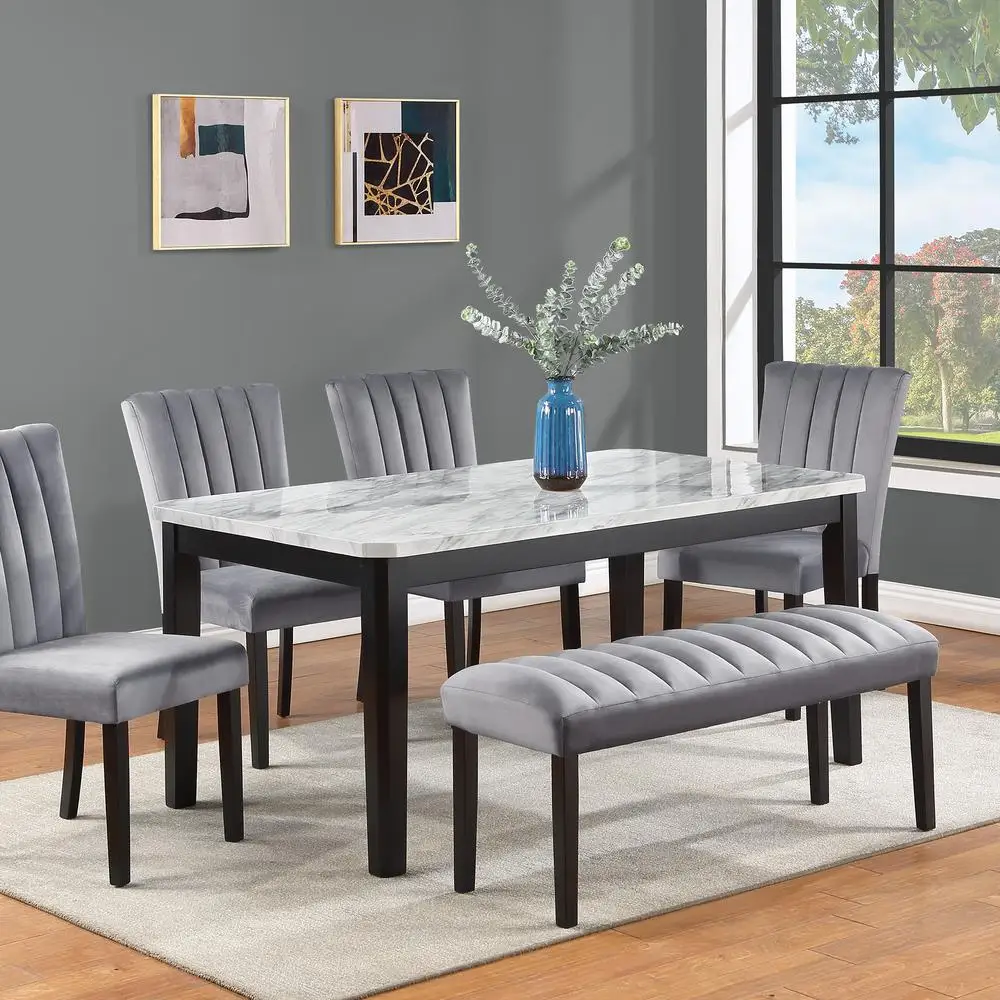 6-Piece Dining Set Rectangular Faux Marble Table Top Upholstered Chairs Bench Channel Tufting Solid Wood Black Finish
6-Piece Dining Set Rectangular Faux Marble Table Top Upholstered Chairs Bench Channel Tufting Solid Wood Black Finish